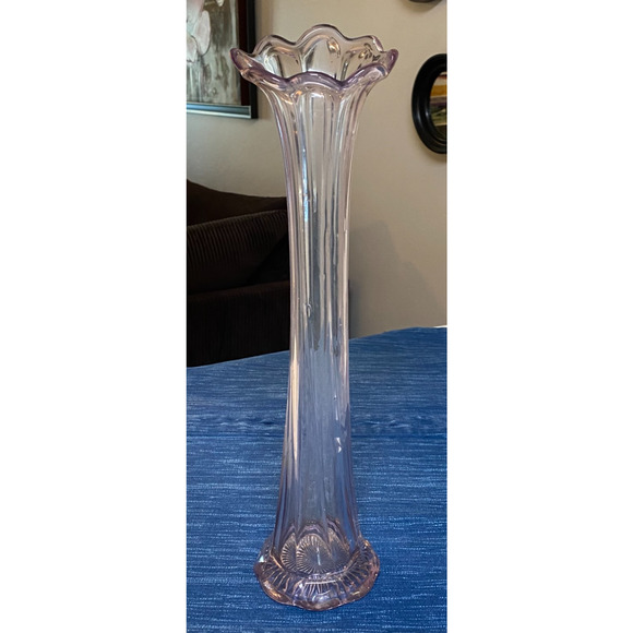 Antique Large Sun Purple Swung Clear Glass Vase 16" Ribbed Pressed 36B - Picture 1 of 4